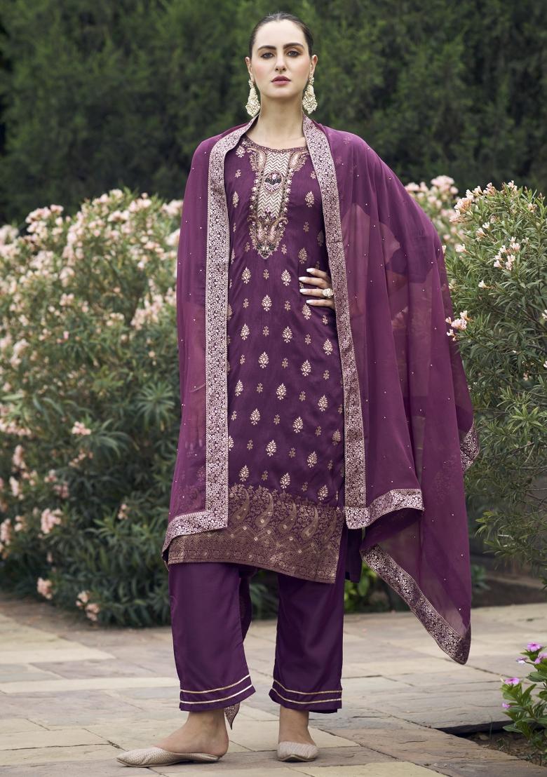 Purple Woven Viscose Salwar Kameez With Dupatta