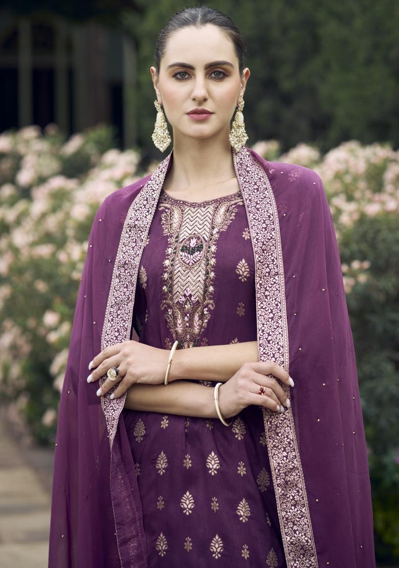 Purple Woven Viscose Salwar Kameez With Dupatta