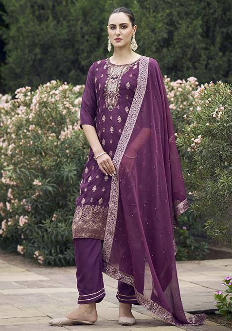 Purple Embroidered Viscose Straight Kurta Set