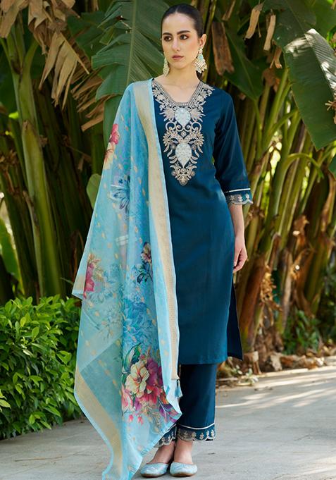 Blue Embroidered Viscose Salwar Kameez With Dupatta