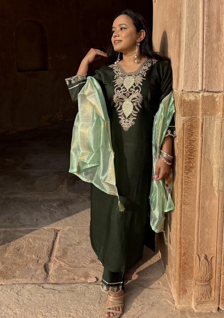 Green Embroidered Viscose Salwar Kameez With Dupatta