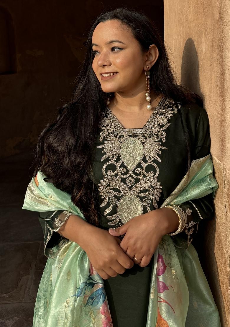 Green Embroidered Viscose Salwar Kameez With Dupatta