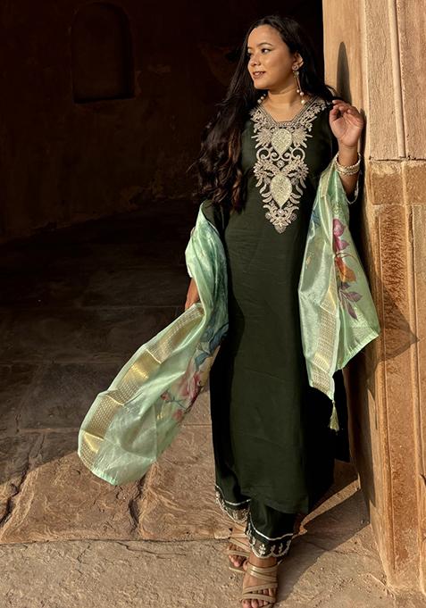 Green Embroidered Viscose Salwar Kameez With Dupatta