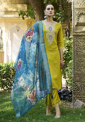 Lemon Yellow Embroidered Viscose Salwar Kameez With Dupatta