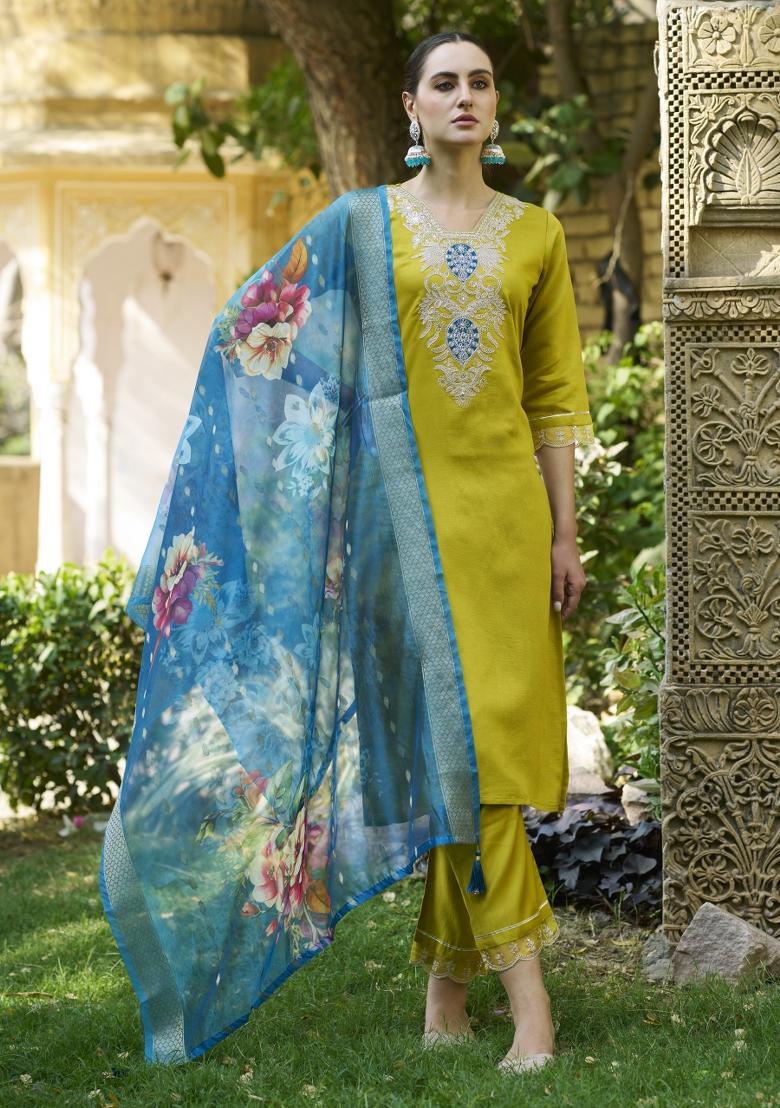 Lemon Yellow Embroidered Viscose Salwar Kameez With Dupatta