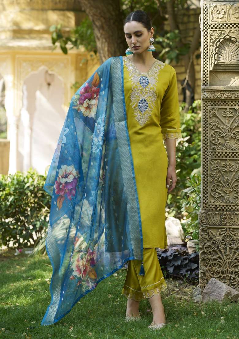 Lemon Yellow Embroidered Viscose Pakistani Suit Set - Indya