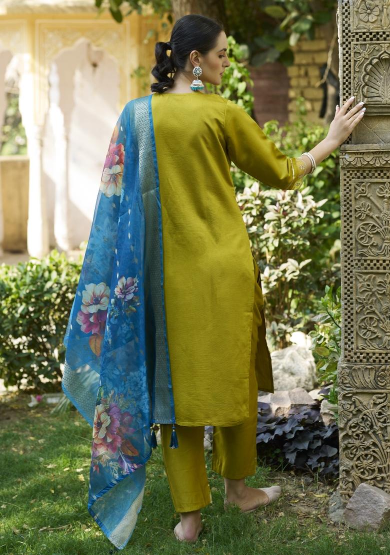 Lemon Yellow Embroidered Viscose Salwar Kameez With Dupatta