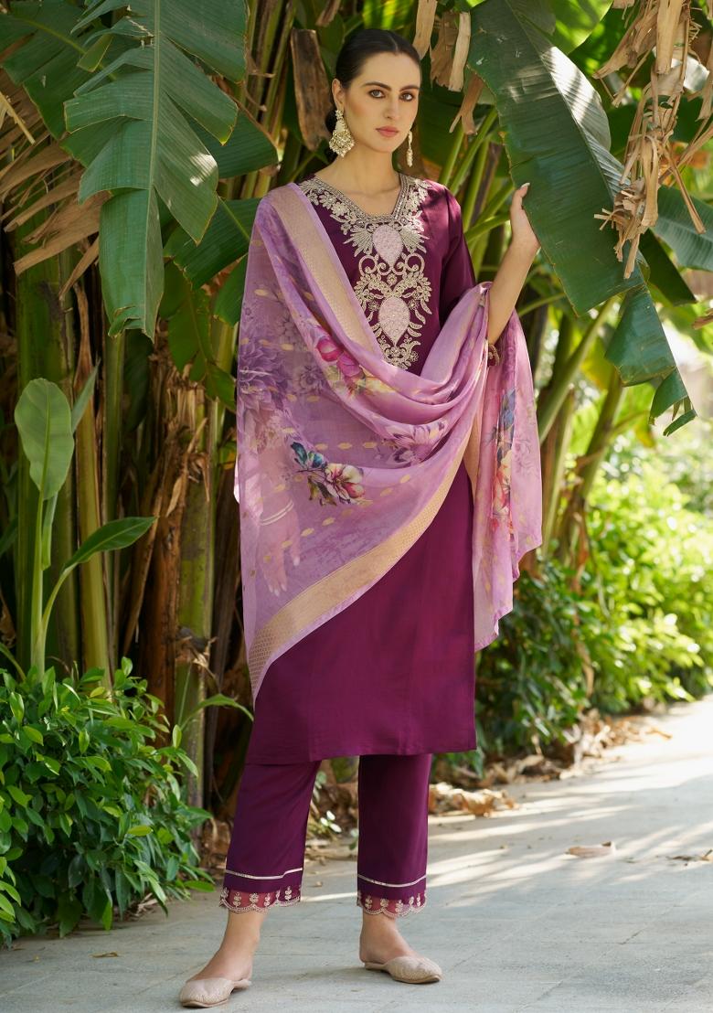 Purple Embroidered Viscose Salwar Kameez With Dupatta