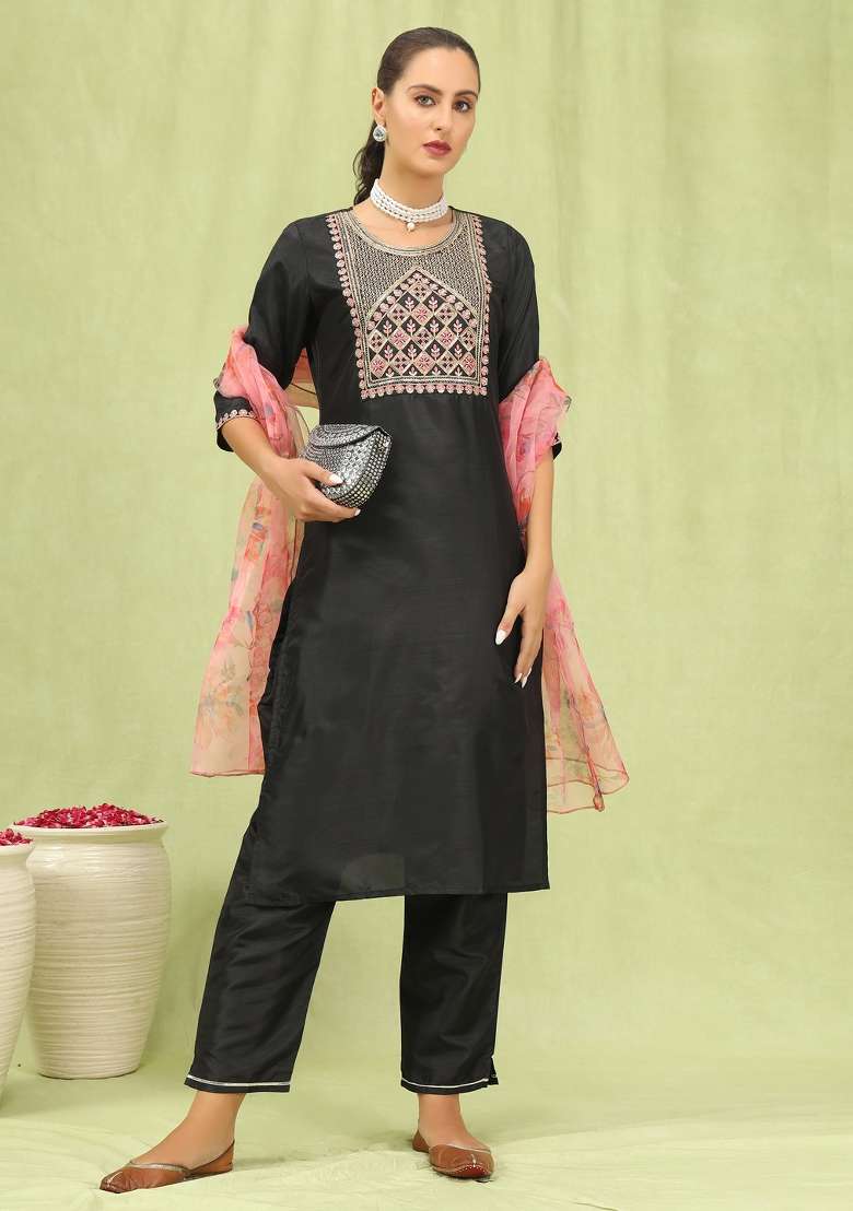 Black Embroidered Silk Blend Straight Kurta Set - Indya