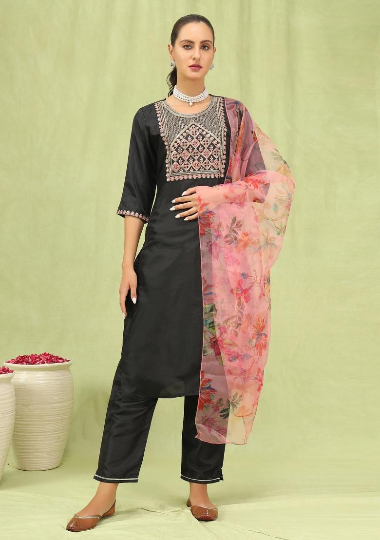 Black Embroidered Silk Blend Salwar Kameez With Dupatta