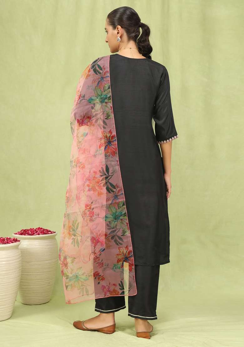 Black Embroidered Silk Blend Straight Kurta Set - Indya