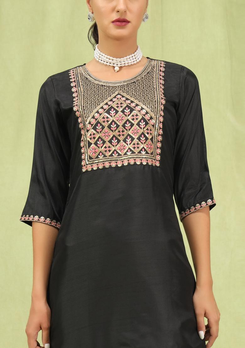 Black Embroidered Silk Blend Salwar Kameez With Dupatta