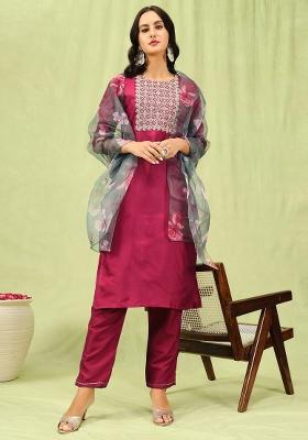 Red Embroidered Silk Blend Salwar Kameez With Dupatta