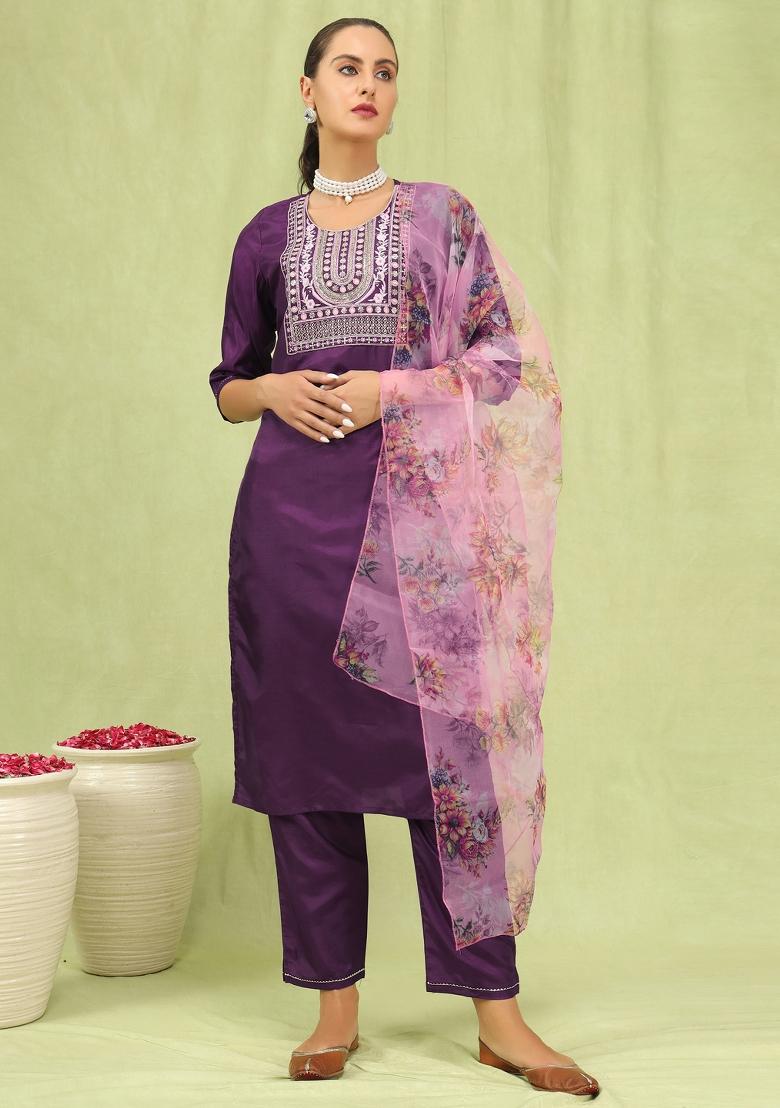 Purple Embroidered Silk Blend Salwar Kameez With Dupatta