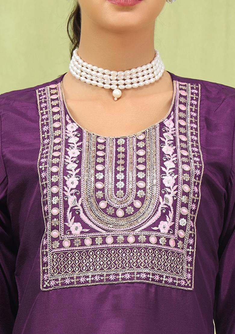 Purple Embroidered Silk Blend Salwar Kameez With Dupatta