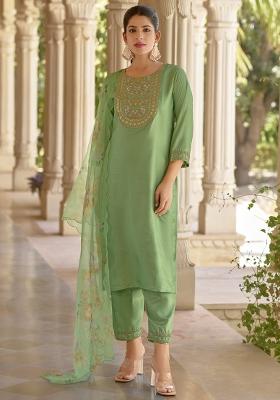 Pista Green Embroidered Silk Blend Salwar Kameez With Dupatta