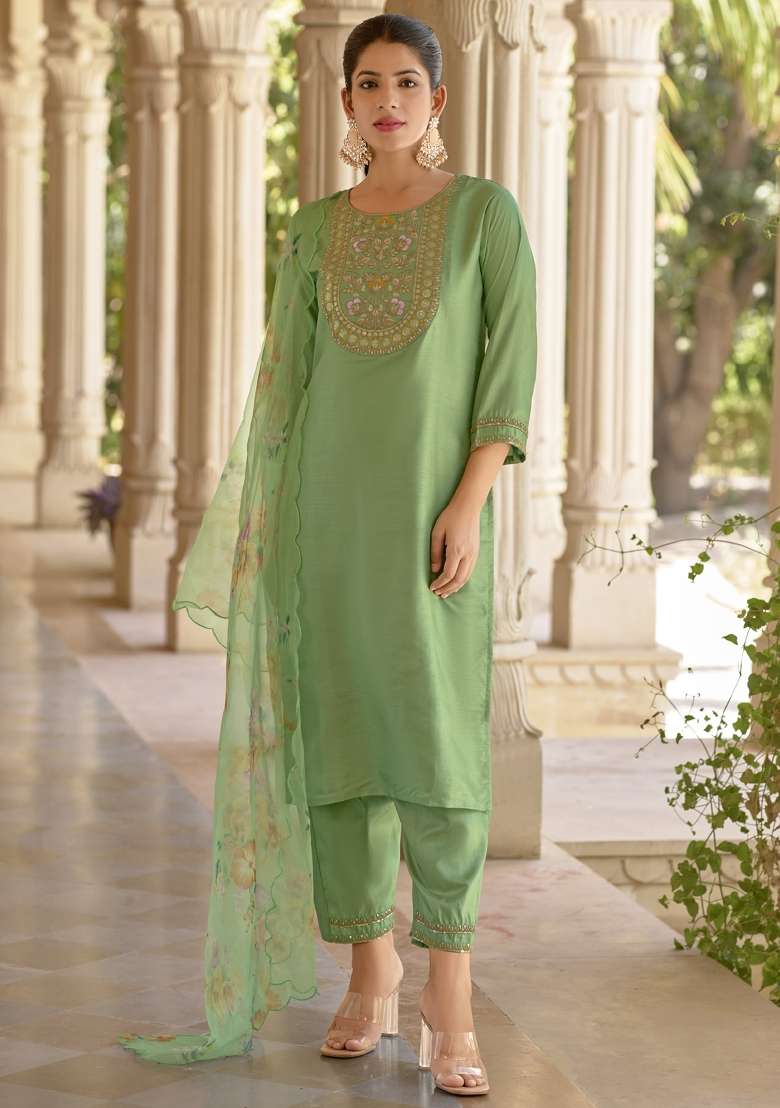Pista Green Embroidered Silk Blend Straight Kurta Set - Indya