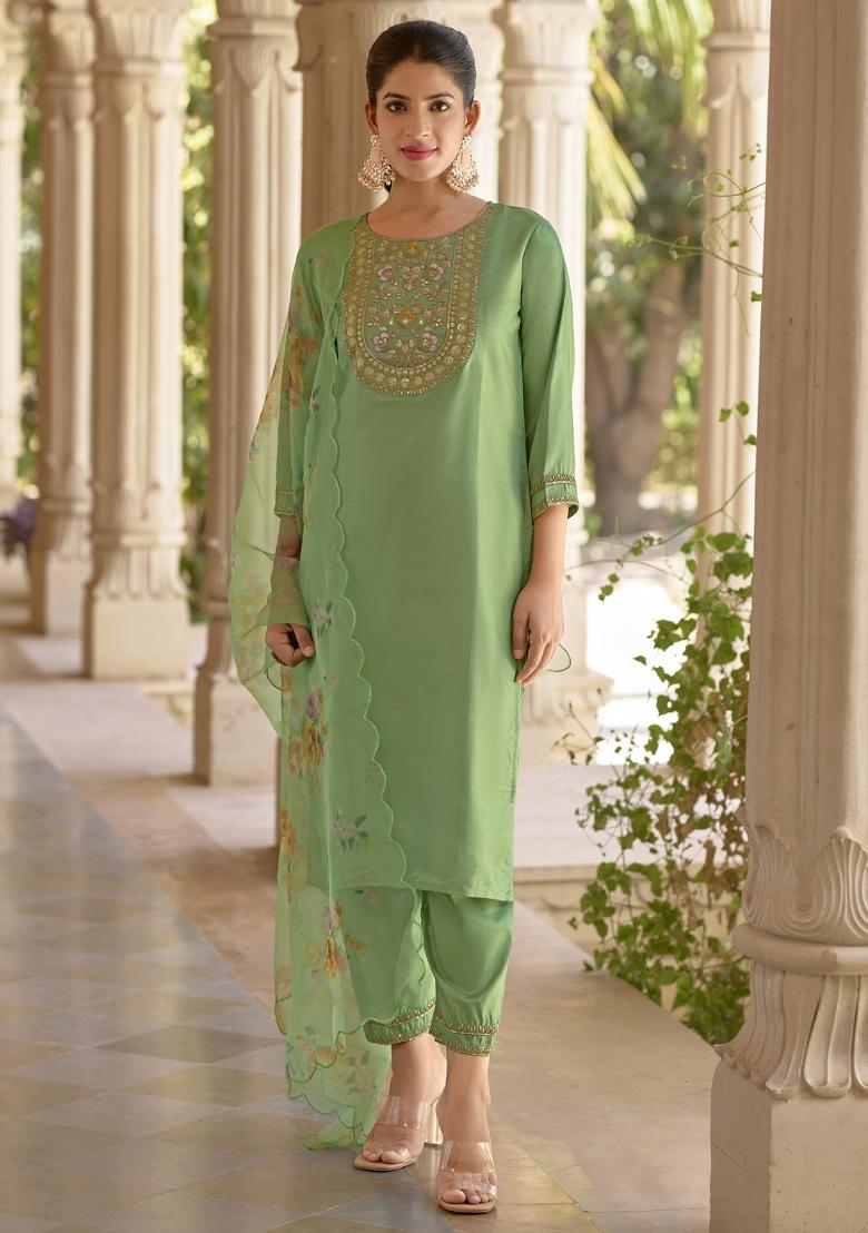 Pista Green Embroidered Silk Blend Salwar Kameez With Dupatta