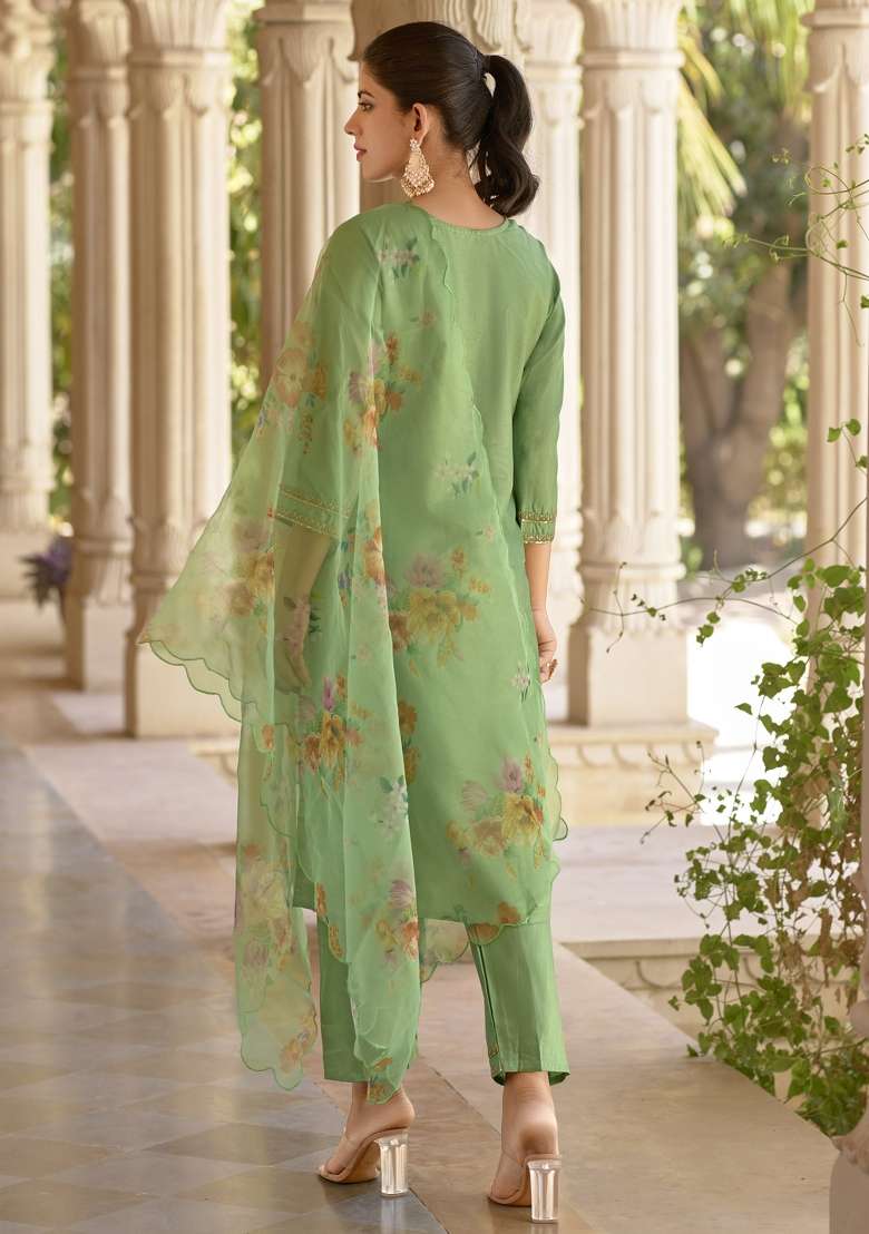 Pista Green Embroidered Silk Blend Straight Kurta Set - Indya