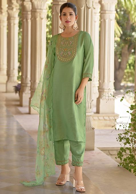 Pista Green Embroidered Silk Blend Salwar Kameez With Dupatta