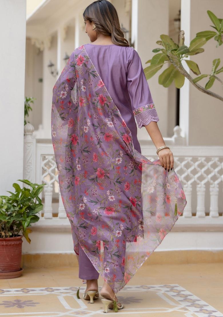 Lavender Embroidered Viscose Salwar Kameez With Dupatta