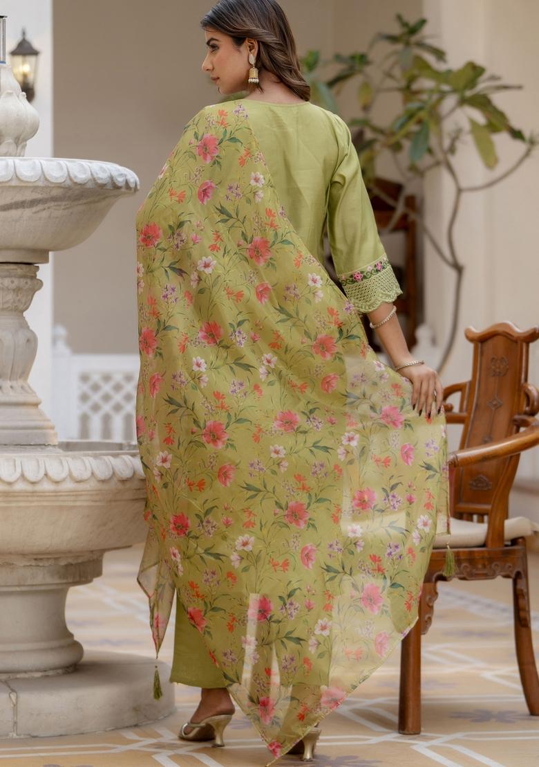 Mehendi Green Embroidered Viscose Salwar Kameez With Dupatta