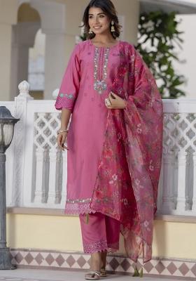 Pink Embroidered Viscose Salwar Kameez With Dupatta