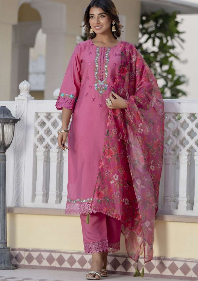Pink Embroidered Viscose Straight Kurta Set - Indya