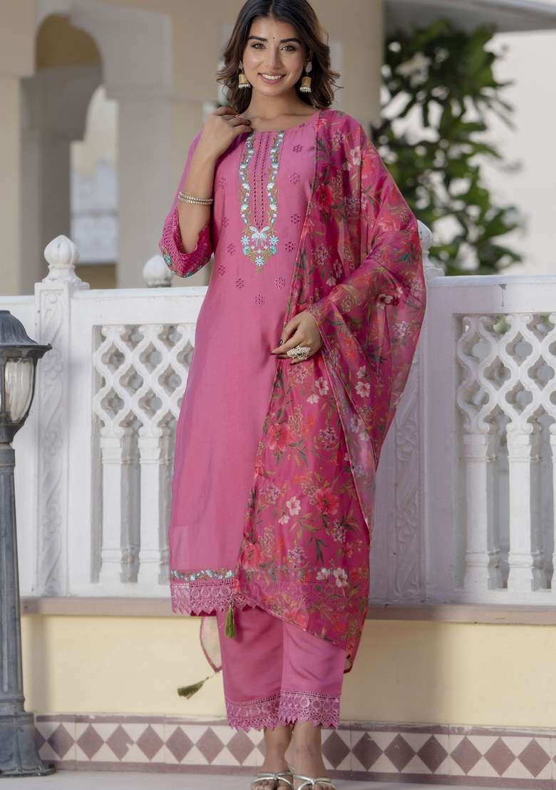 Pink Embroidered Viscose Straight Kurta Set - Indya