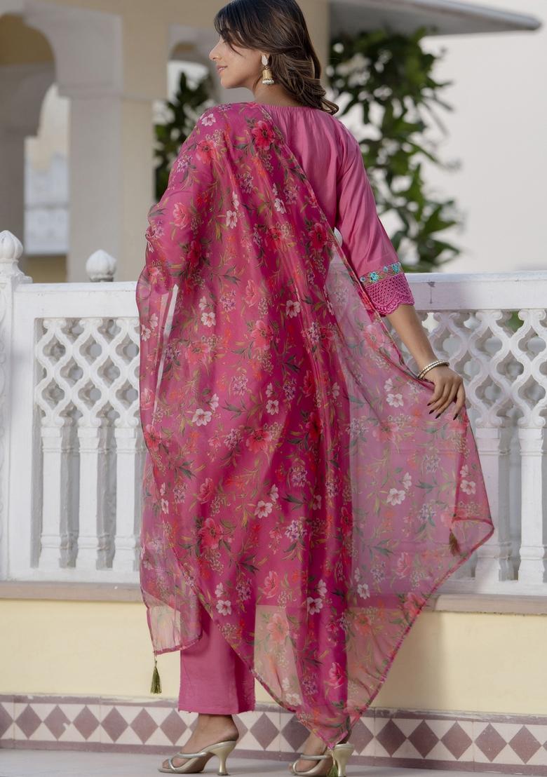 Pink Embroidered Viscose Salwar Kameez With Dupatta
