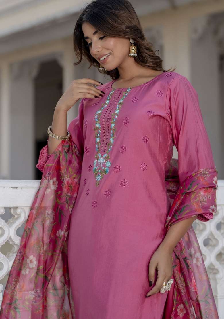 Pink Embroidered Viscose Straight Kurta Set - Indya