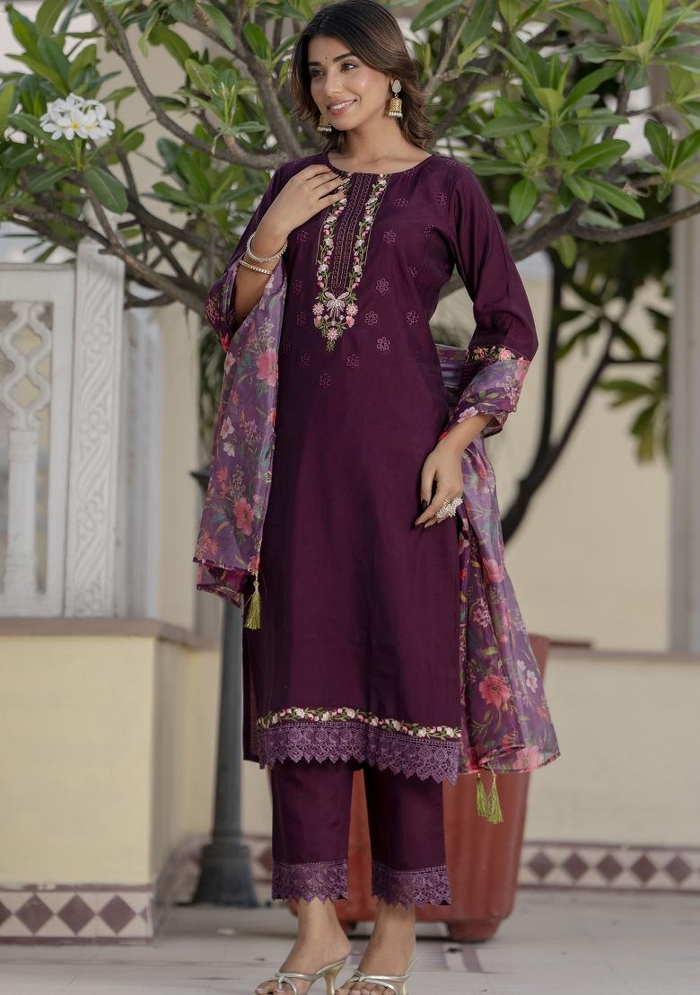 Purple Embroidered Viscose Salwar Kameez With Dupatta