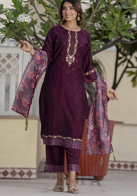 Purple Embroidered Viscose Salwar Kameez With Dupatta