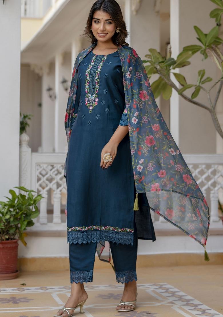 Teal Blue Embroidered Viscose Salwar Kameez With Dupatta