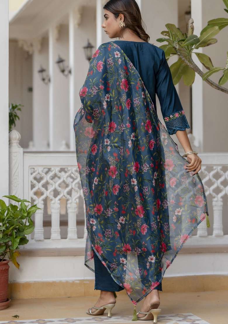 Teal Blue Embroidered Viscose Salwar Kameez With Dupatta - Indya