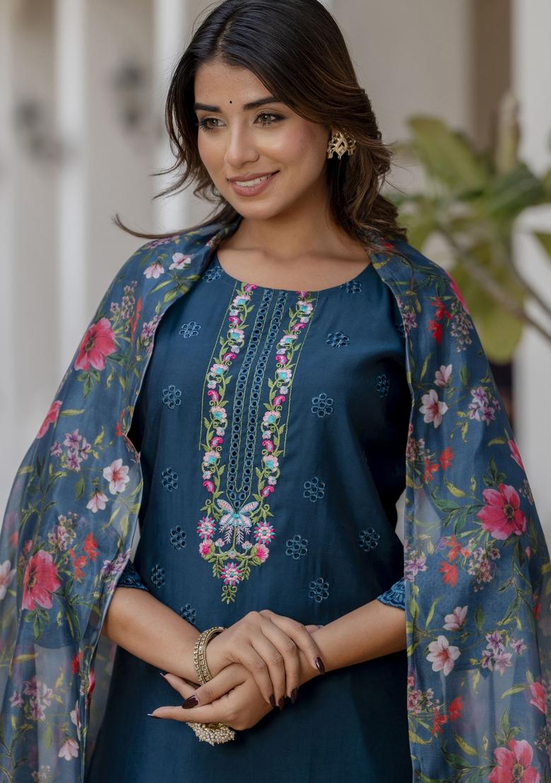 Teal Blue Embroidered Viscose Salwar Kameez With Dupatta