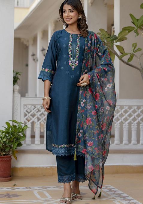 Teal Blue Embroidered Viscose Salwar Kameez With Dupatta