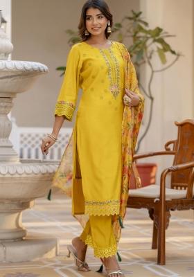 Yellow Embroidered Viscose Salwar Kameez With Dupatta