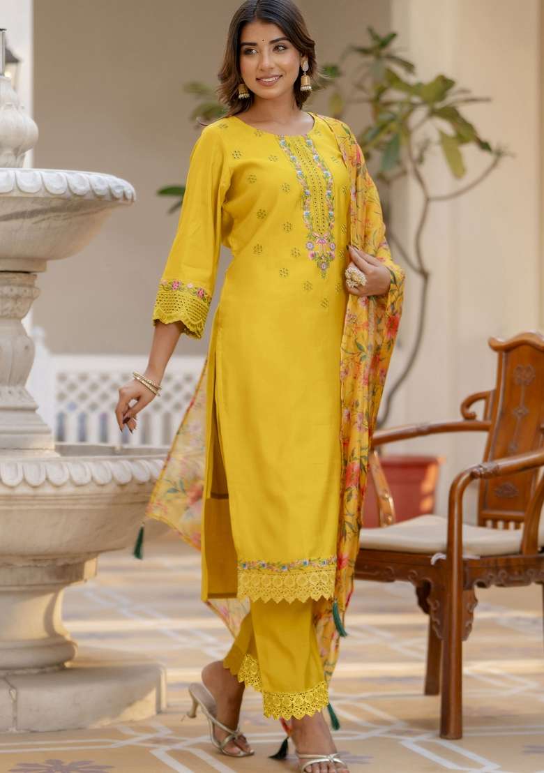 Yellow Embroidered Viscose Straight Kurta Set - Indya