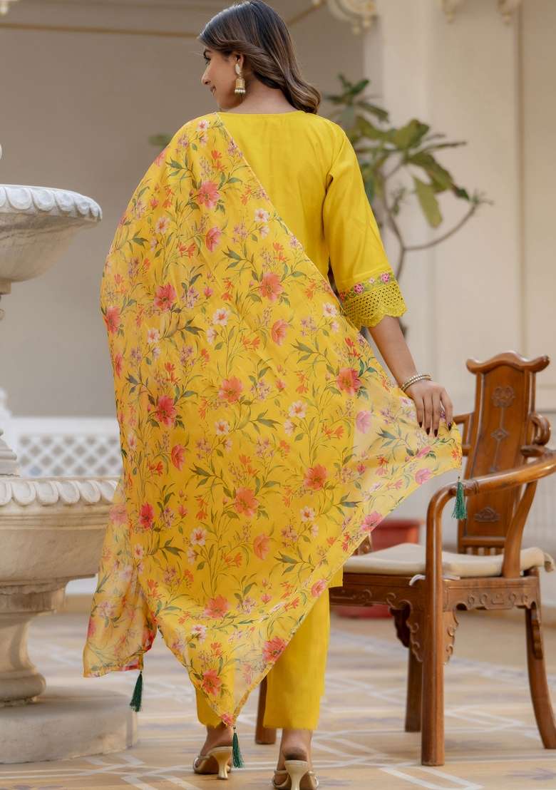 Yellow Embroidered Viscose Straight Kurta Set - Indya