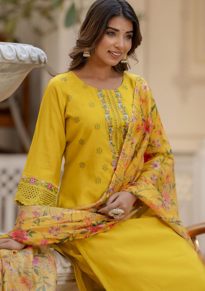 Yellow Embroidered Viscose Salwar Kameez With Dupatta