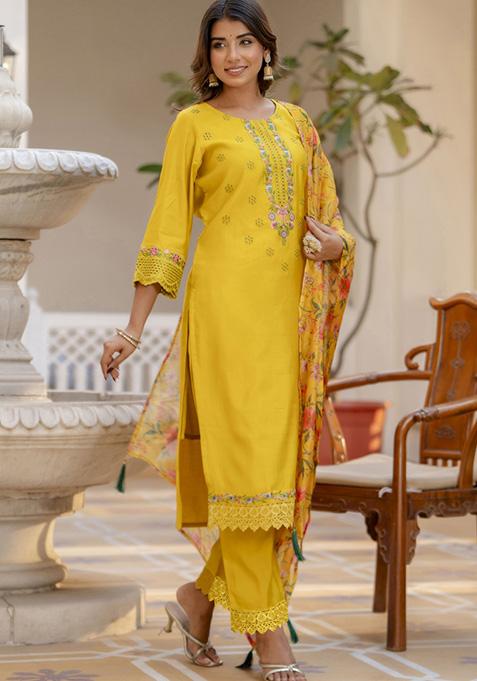 Yellow Embroidered Viscose Salwar Kameez With Dupatta