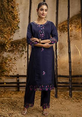 Blue Embroidered Viscose Salwar Kameez With Dupatta