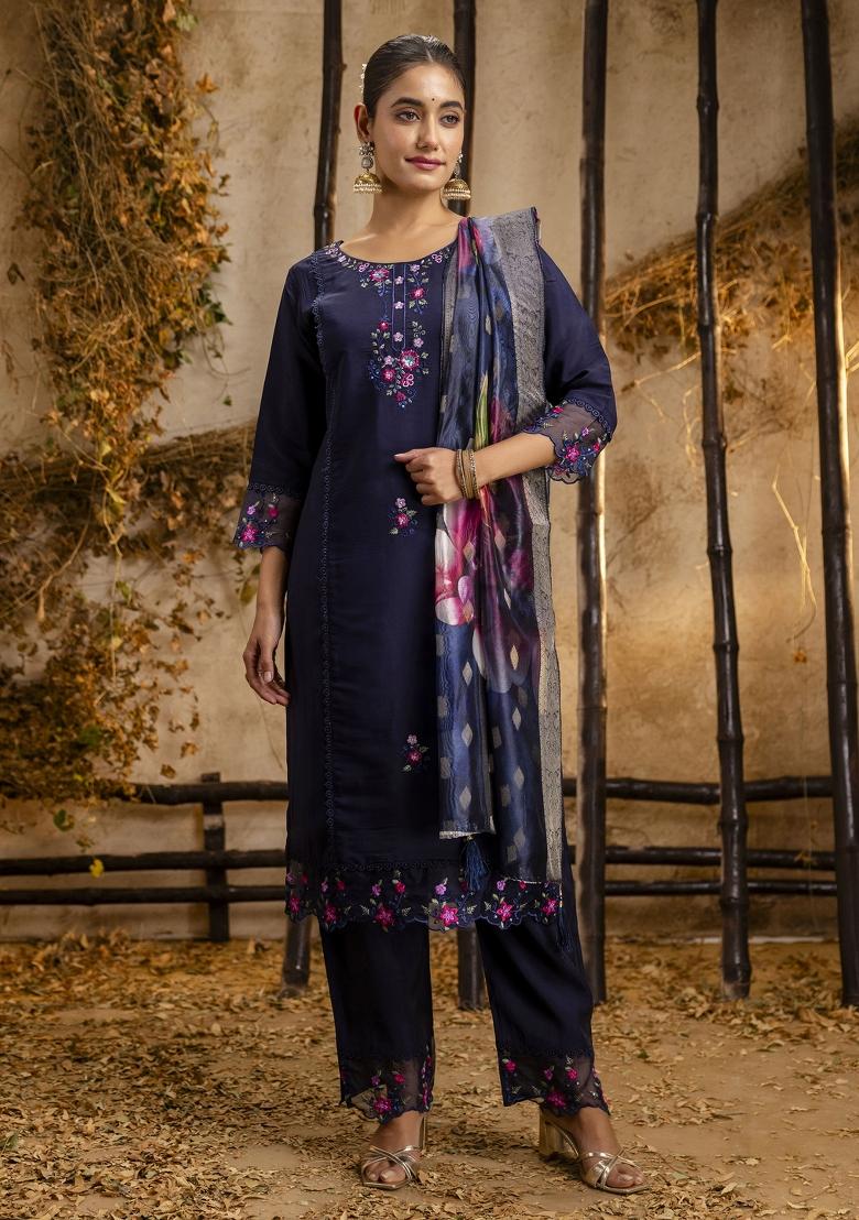 Blue Embroidered Viscose Salwar Kameez With Dupatta