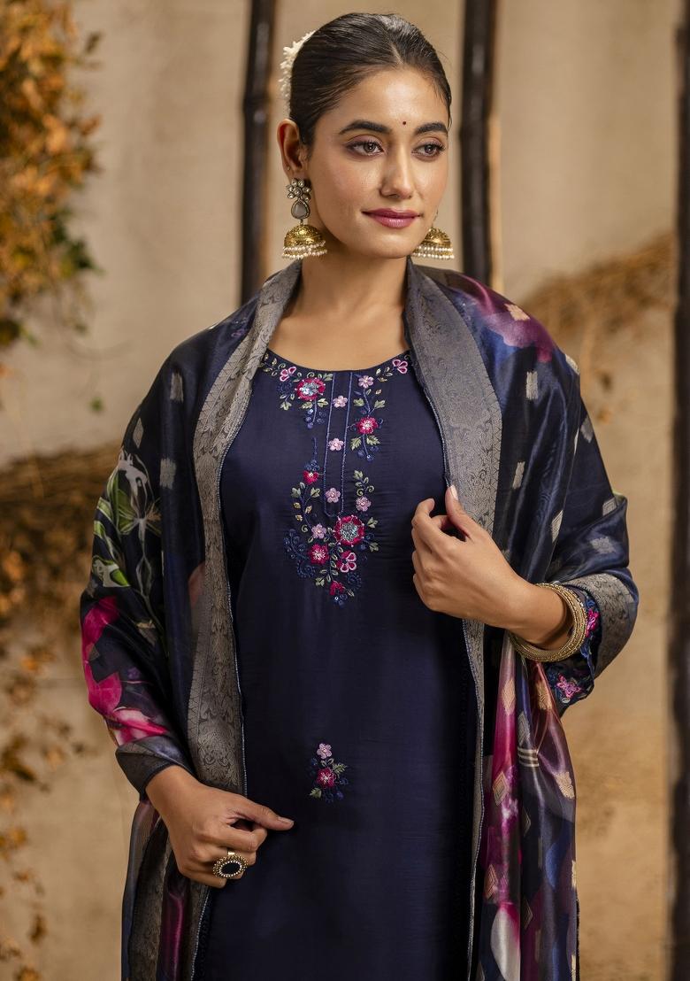 Blue Embroidered Viscose Salwar Kameez With Dupatta