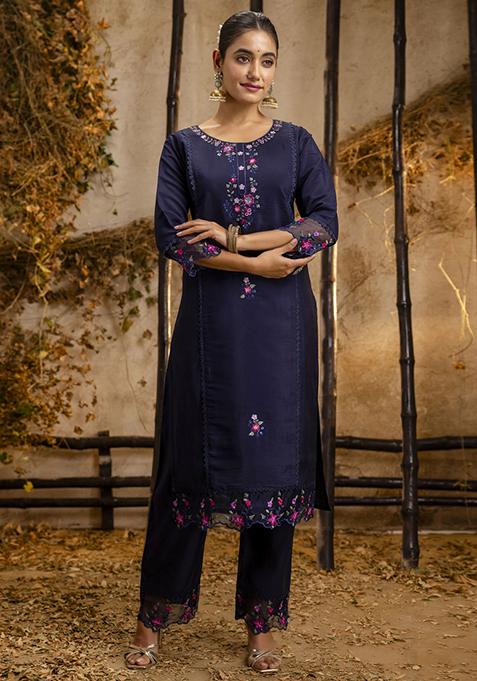 Blue Embroidered Viscose Salwar Kameez With Dupatta