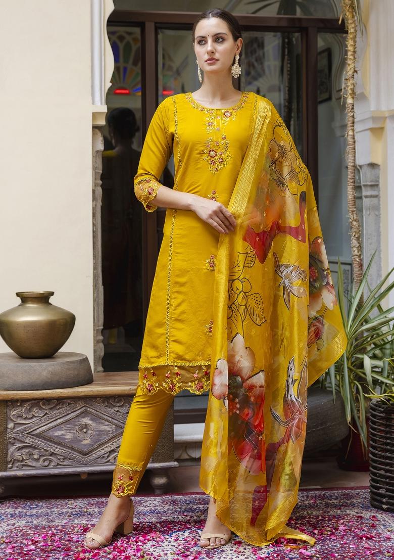 Mustard Yellow Embroidered Viscose Salwar Kameez With Dupatta