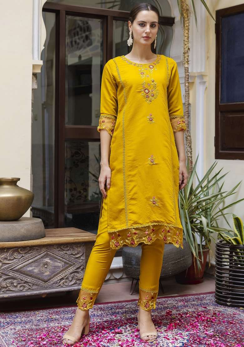 Mustard Yellow Embroidered Viscose Straight Kurta Set - Indya