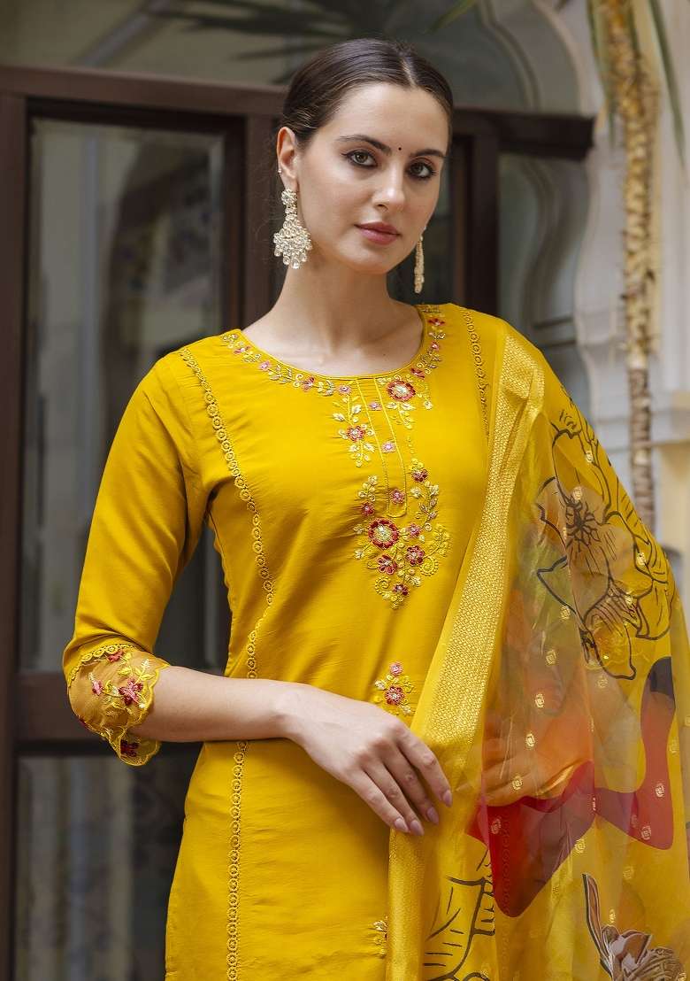 Mustard Yellow Embroidered Viscose Straight Kurta Set - Indya