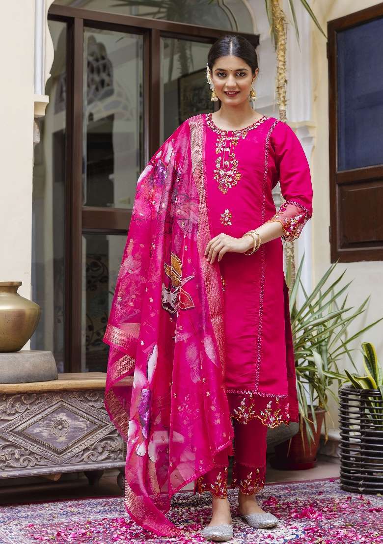 Pink Embroidered Viscose Straight Kurta Set - Indya